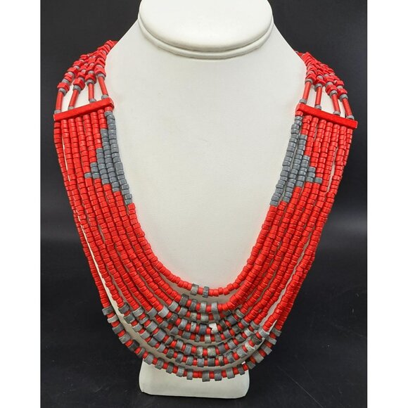Vintage Multilayer Red & Gray Beaded Statement Necklace HS201 - Picture 1 of 9